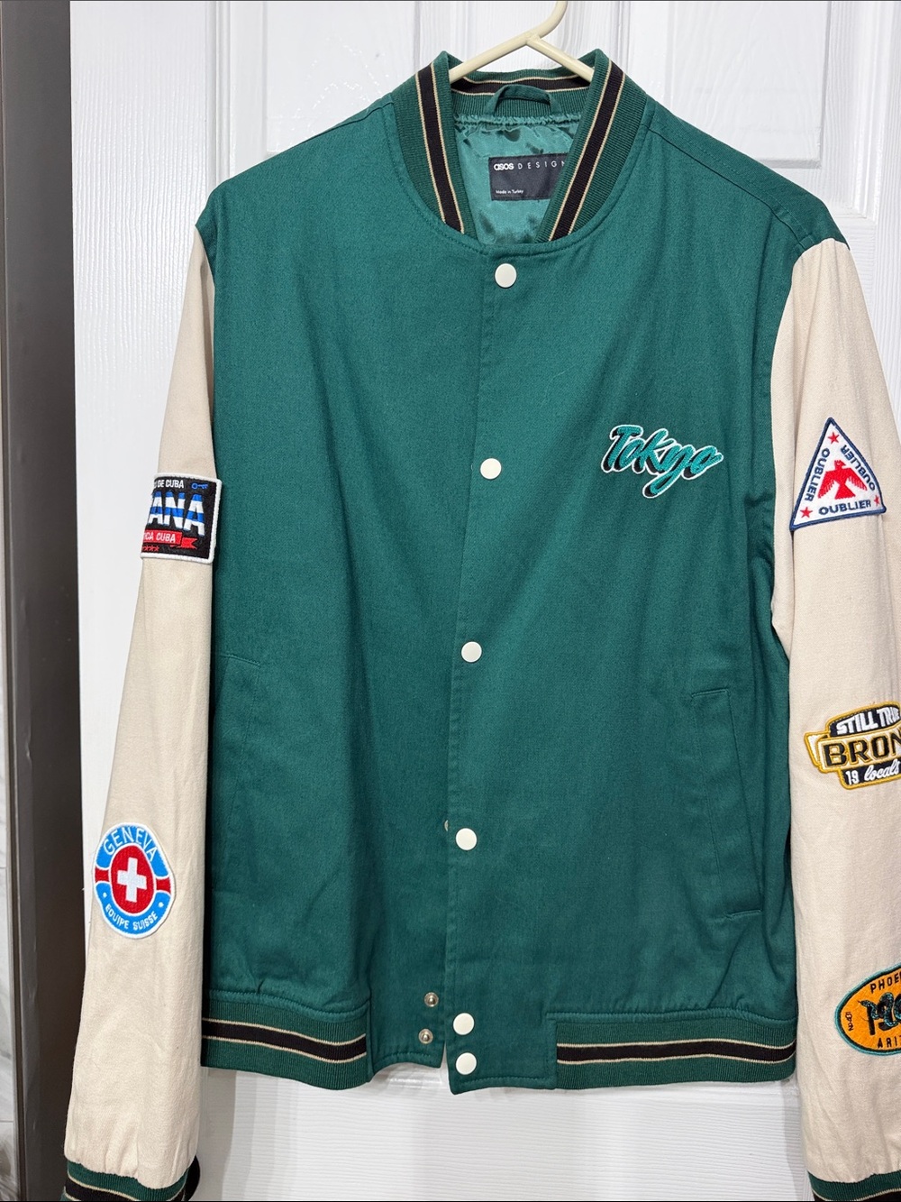 ASOS Green and Cream 'Tokyo' Embroidered Varsity Jacket